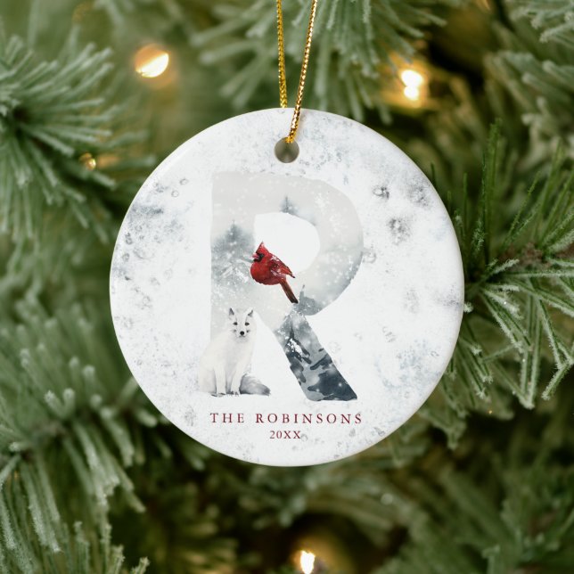 Classic Snowy Christmas Winter Scene Monogram R Ceramic Ornament (Tree)