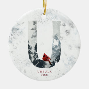 Classic Snowy Christmas Winter Scene Monogram U Ceramic Ornament