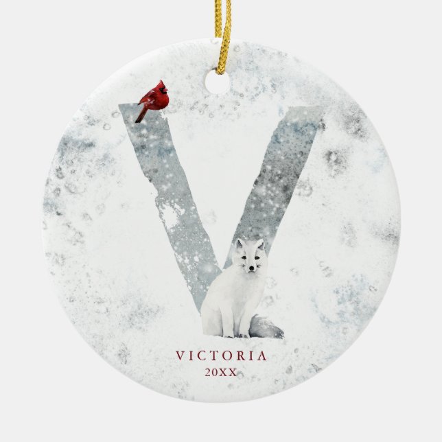Classic Snowy Christmas Winter Scene Monogram V Ceramic Ornament (Front)