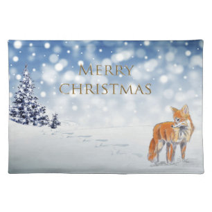 Classic Snowy Forest Red Fox Merry Christmas Cloth Placemat