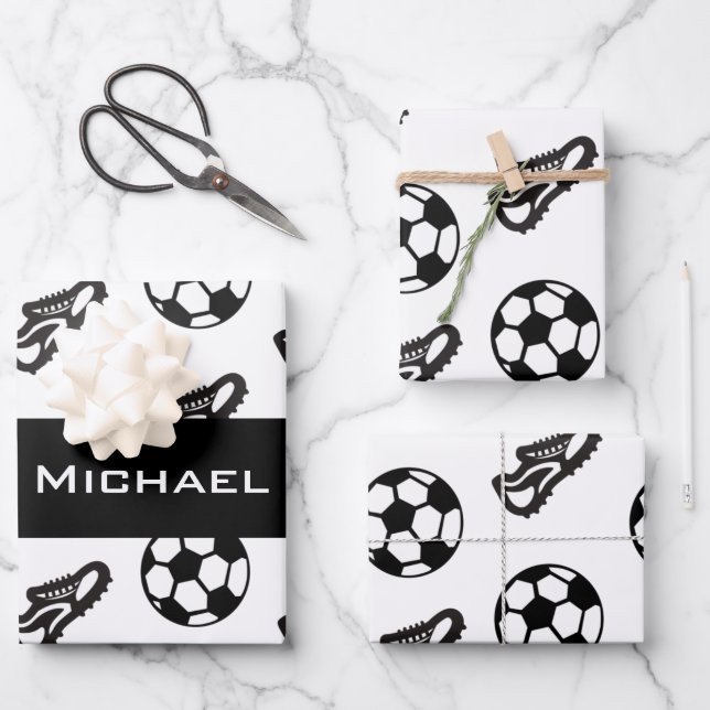 Classic Soccer Shoe & Ball Custom Boys Name Sports Wrapping Paper Sheets (Front)