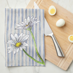 Classic Soft Blue Striped Watercolor Daisy Kitchen Towel