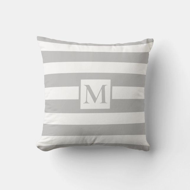 Classic soft gray white strips Monogram Throw Pillow (Front)