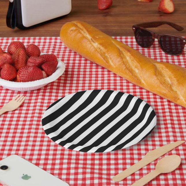 Classic Solid White and Black Striped 7" Round Paper Plates (Picnic)