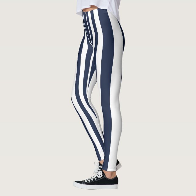 Classic Sporty Deep Blue White Striped Design Leggings (Left)