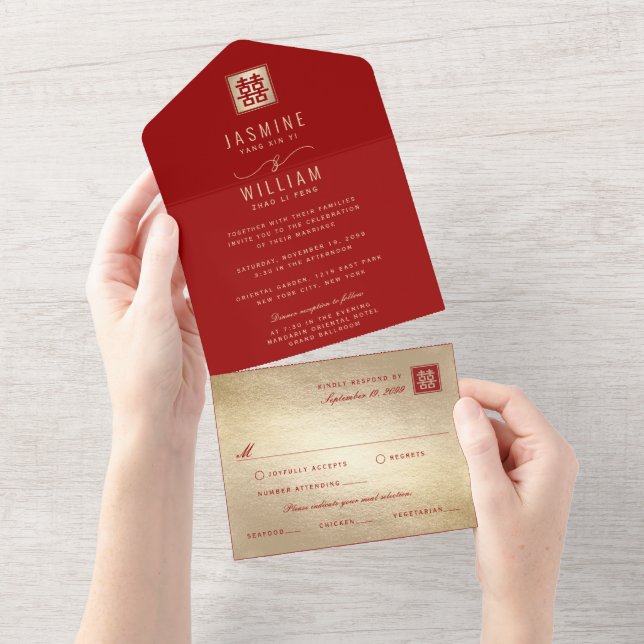 Classic Square Double Happiness Chinese Wedding All In One Invitation (Tearaway)