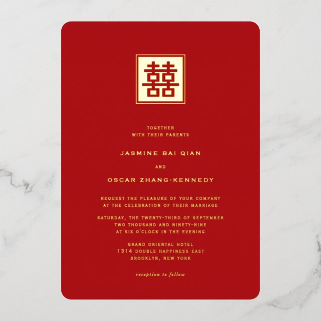 Classic Square Double Happiness Chinese Wedding Foil Invitation (Front)