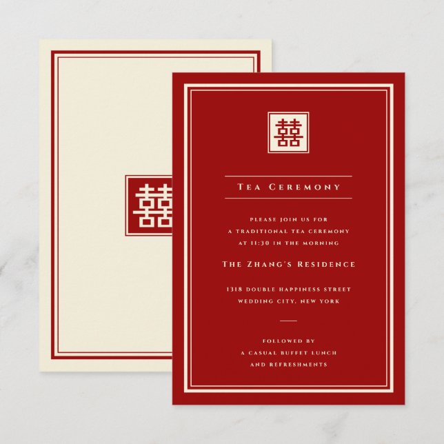 Classic Square Double Happiness Tea Ceremony Invitation (Front/Back)