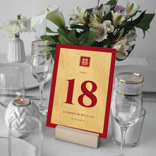 Classic Square Double Xi Golden Chinese Wedding Table Number
