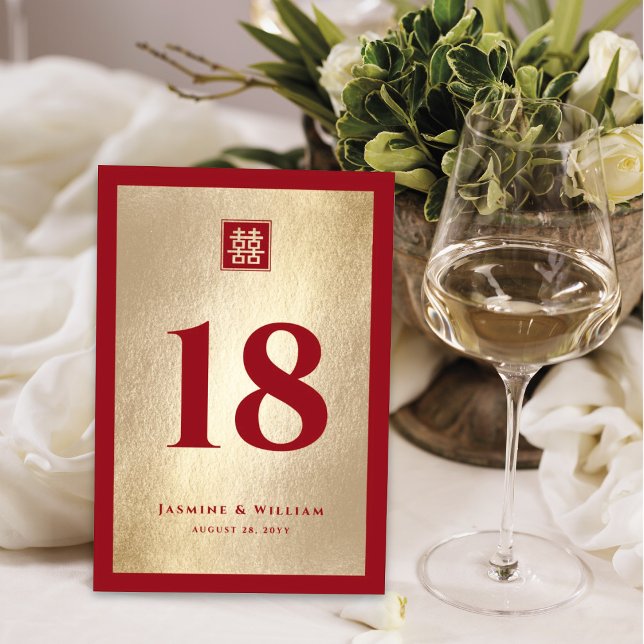 Classic Square Double Xi Red Gold Chinese Wedding Table Number (Creator Uploaded)