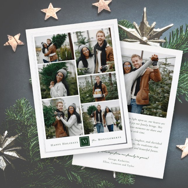 Classic Square Monogram Minimalist 6 Photo Collage Foil Holiday Card (Creator Uploaded)