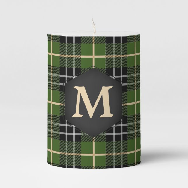 Classic St. Patrick's Day Green Plaid Monogram Pillar Candle (Front)