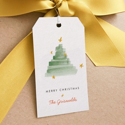 Classic Starlit Watercolor Christmas Tree Gift Tags