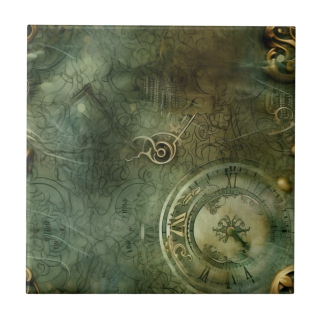 Classic Steampunk Clockwork Emerald Green Ceramic Tile (Front)