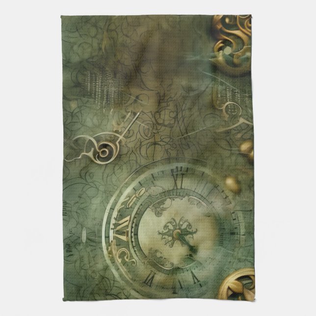 Classic Steampunk Clockwork Emerald Green Kitchen Towel (Vertical)