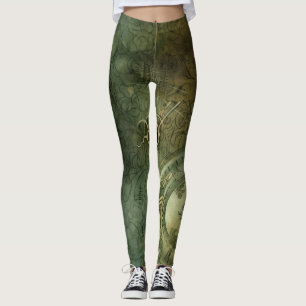 Classic Steampunk Clockwork Emerald Green Leggings