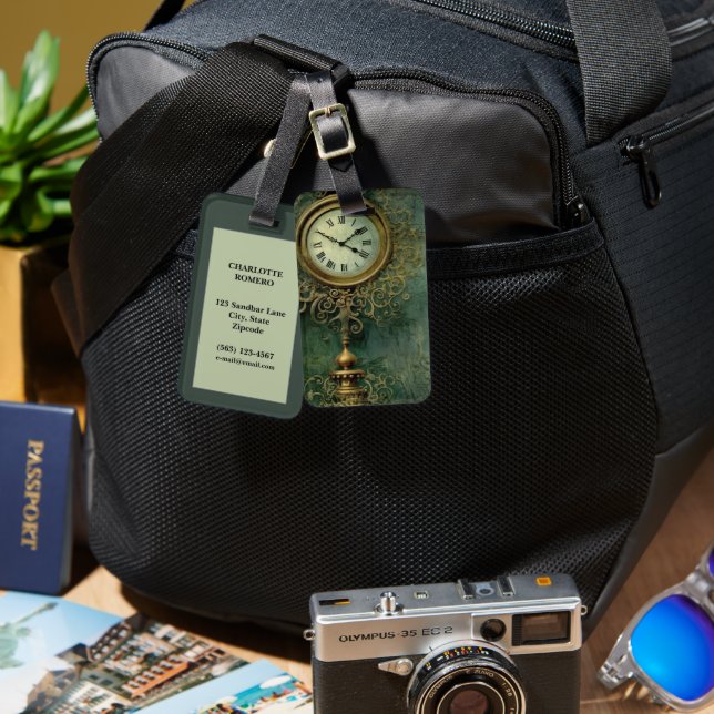 Classic Steampunk Clockwork with Emerald Rustic Luggage Tag (Front & Back)