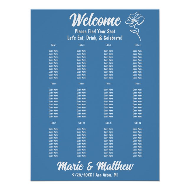Classic Steel Blue Floral Wedding Seating Chart (Front)