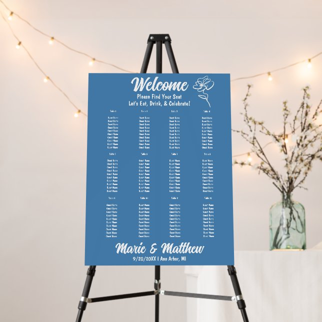 Classic Steel Blue Floral Wedding Seating Chart Foam Board (In Situ (Stand))