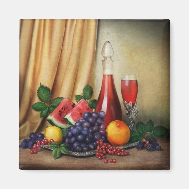 Classic still life with wine and fruits painting magnet (Front)