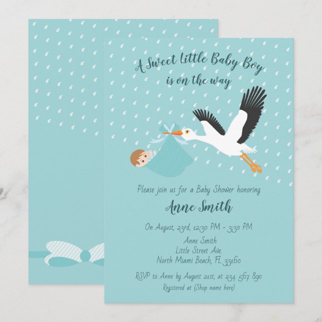 Classic Stork Baby boy Shower Invitation (Front/Back)