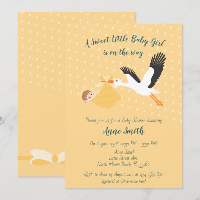 Classic Stork Baby girl Shower Invitation (Front/Back)