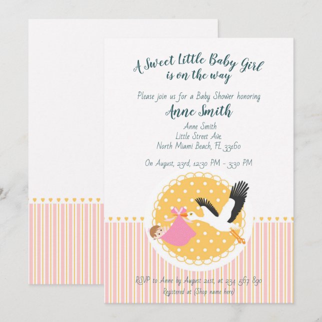 Classic Stork Baby girl Shower Invitation (Front/Back)