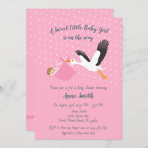 Classic Stork Baby girl Shower Invitation