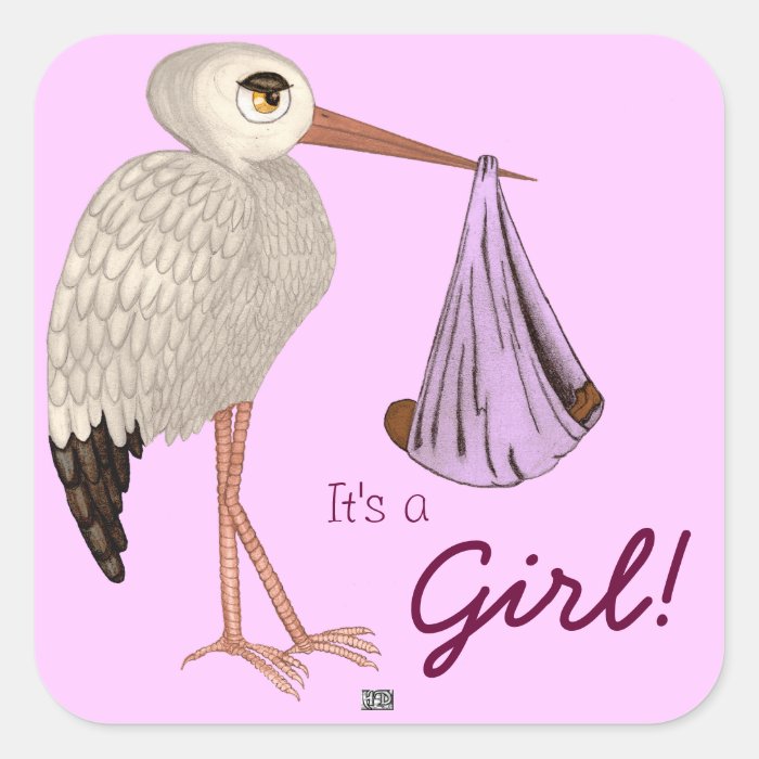 Classic Stork Pink 2 Baby Shower Square Sticker Zazzle