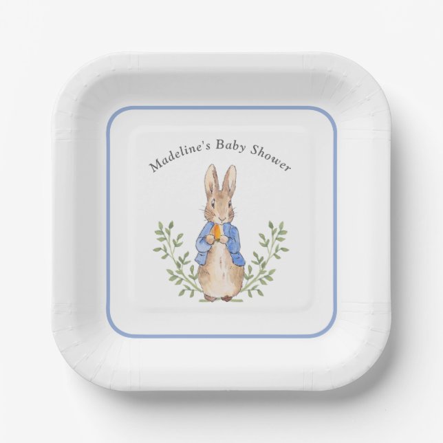 Classic Storybook Rabbit Blue Vintage Baby Shower Paper Plates (Front)