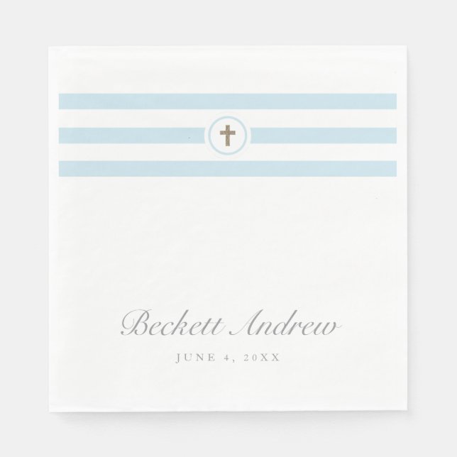 Classic Stripe Gold Cross Blue Boys Baptism  Napkins (Front)