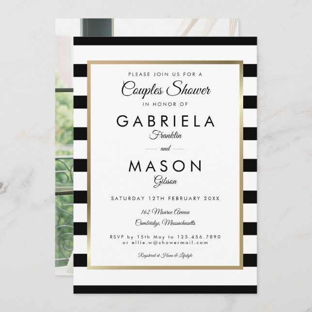 Classic Stripe Photo Wedding Couples Shower Invitation (Front/Back)