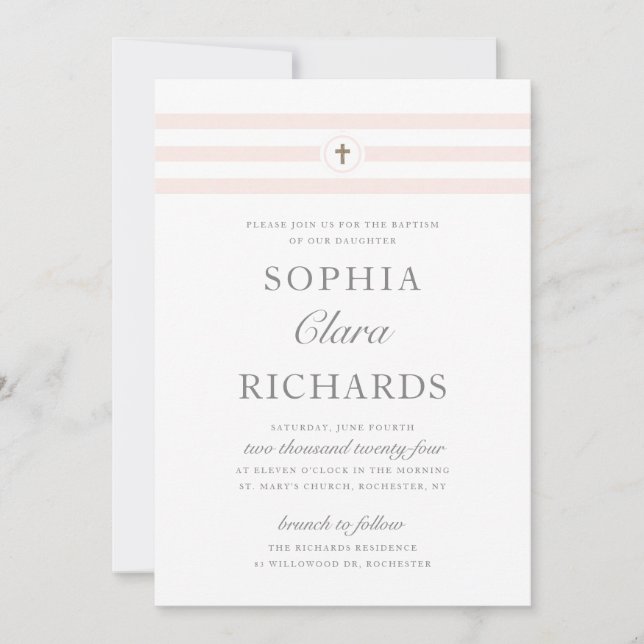 Classic Stripe Religious Baptism & Christening Invitation (Front)