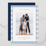Classic Stripe | Vertical Photo Hanukkah Silver Foil Holiday Card<br><div class="desc">Share holiday greetings with these Hanukkah photo cards featuring your favorite photo set on a background of pale blue and white stripes with luxe silver foil trim. An editable message area lets you customize your Chanukah or holiday greeting. Add your family name or names beneath along with the year.</div>