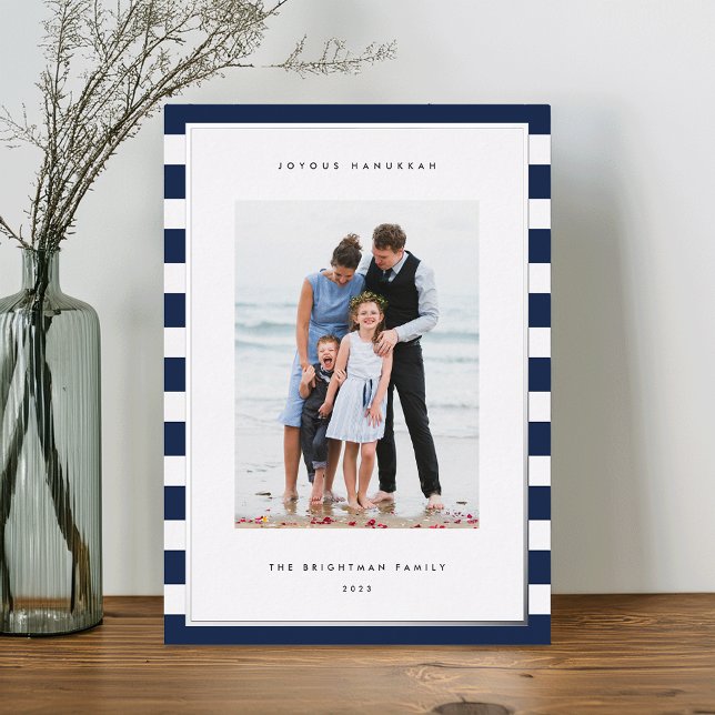Classic Stripe | Vertical Photo Hanukkah Silver Foil Holiday Card (Creator Uploaded)