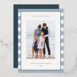Classic Stripe | Vertical Photo Hanukkah Silver Foil Holiday Card<br><div class="desc">Share holiday greetings with these Hanukkah photo cards featuring your favorite photo set on a background of pale blue and white stripes with luxe silver foil trim. An editable message area lets you customize your Chanukah or holiday greeting. Add your family name or names beneath along with the year.</div>