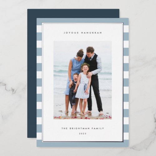 Classic Stripe  Vertical Photo Hanukkah Silver Foil Holiday Card