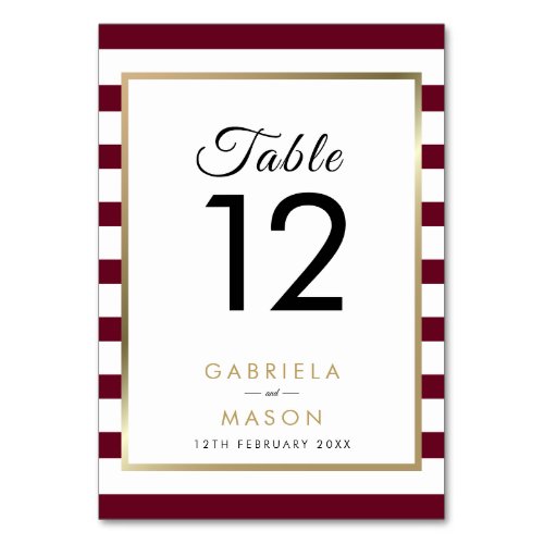 Classic Stripe Wedding Burgundy   Faux Gold Foil Table Number