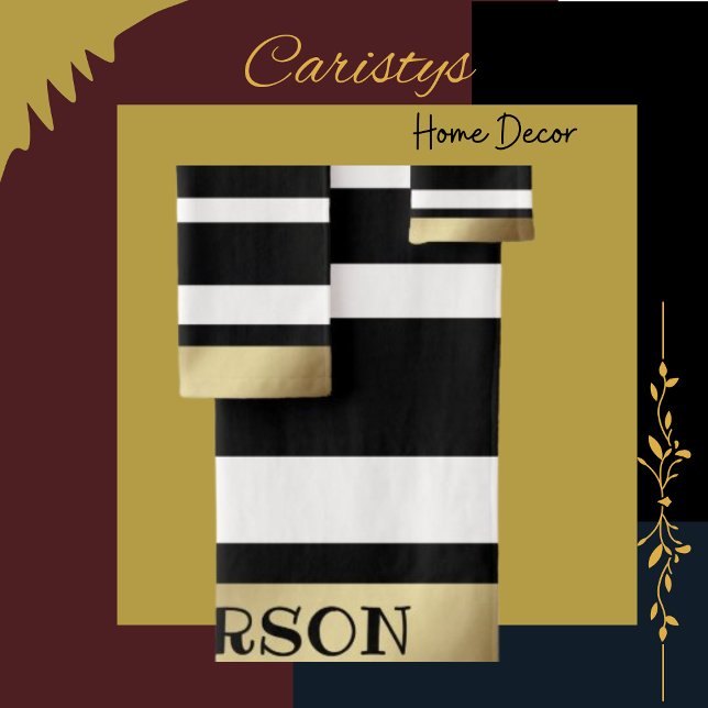Classic Stripes Black, White, Gold  Personalized  Bath Towel Set (Creator Uploaded)