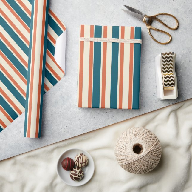 Classic Stripes Blue and Orange Modern Trendy Wrapping Paper (Crafts)