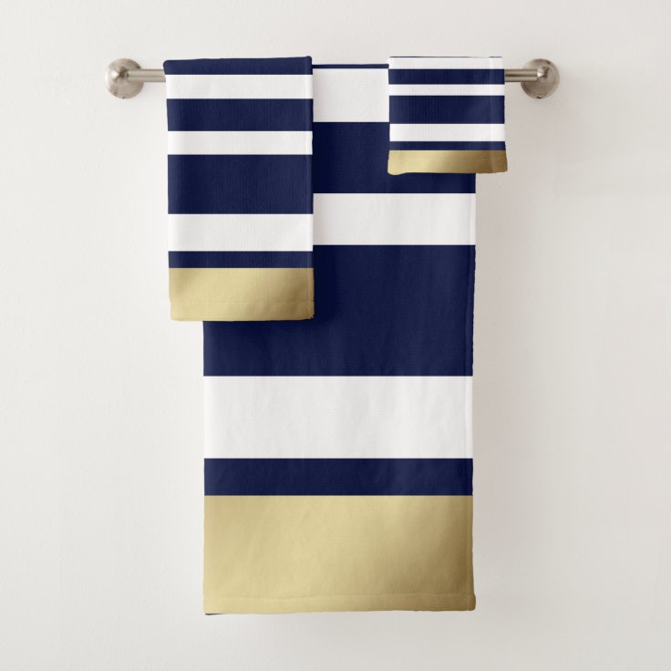 Classic Stripes Blue, White, Gold Bath Towel Set | Zazzle