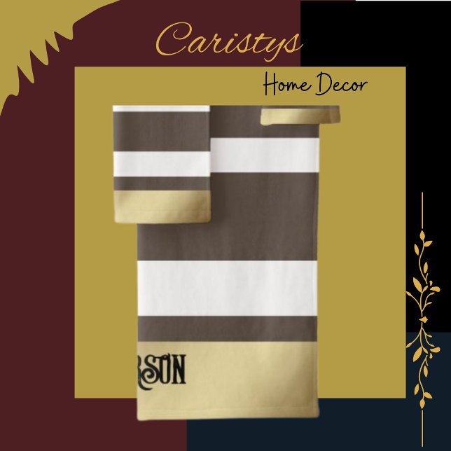 Classic Stripes, Brown, White, Gold  Personalized Bath Towel Set (Creator Uploaded)