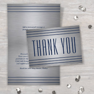Classic Stripes Brushed Gray and Navy Blue Folded Thank You Card