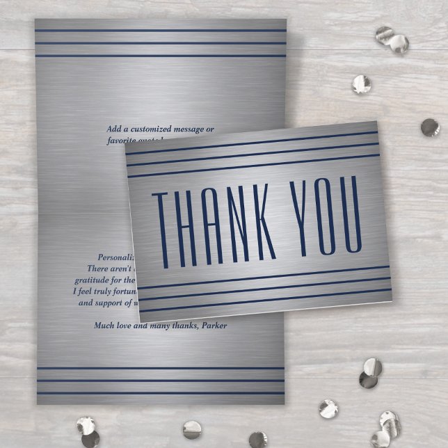 Classic Stripes Brushed Gray and Navy Blue Folded Thank You Card (Creator Uploaded)