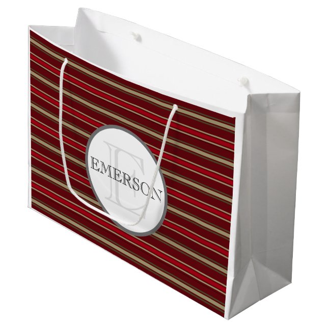 Classic Stripes Burgundy Red Tan White Custom Large Gift Bag (Front Angled)