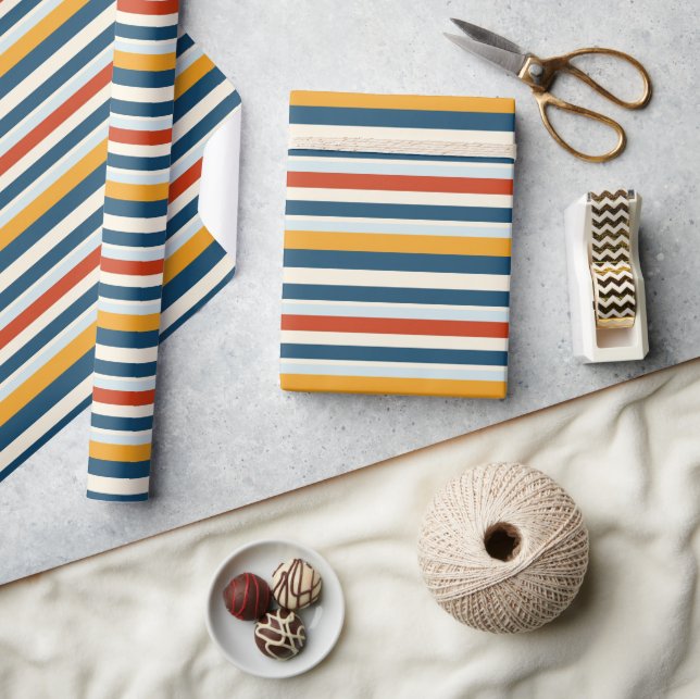Classic Stripes Navy Blue Red Yellow Minimal  Wrapping Paper (Crafts)