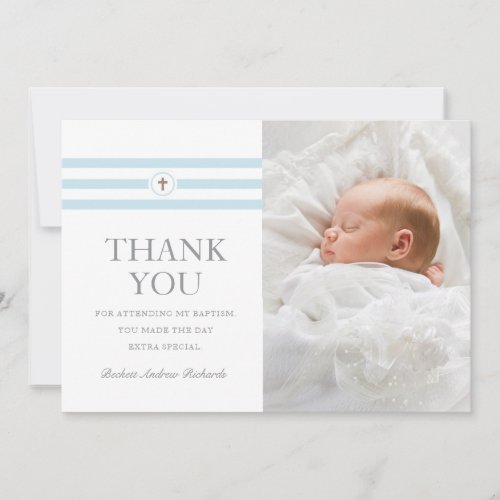 Classic Stripes Photo Blue Baptism Thank You Card