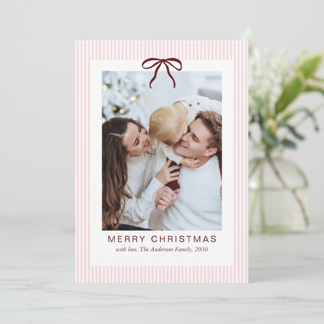 Classic Stripes Red Bow Merry Christmas Photo  Holiday Card (Standing Front)