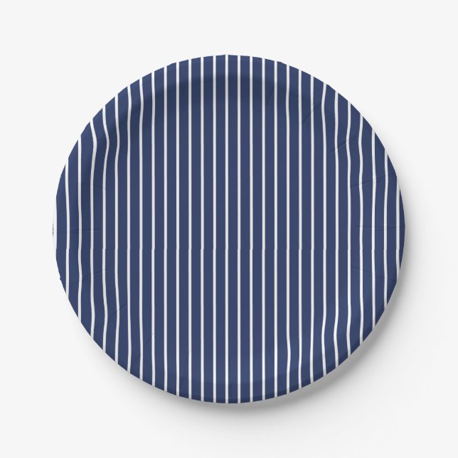 Classic Stripes White - Navy Blue Paper Plates (Front)