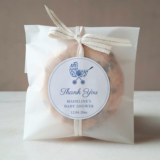 Classic Stroller Blue White Baby Shower Favor Round Sticker (Blue And White Chinoiserie Pattern Classic Buggy Baby Shower Favor Sticker)